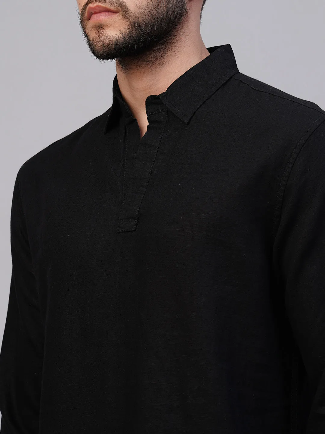 Men's Black 100% Linen Regular Fit Kurta Shirt