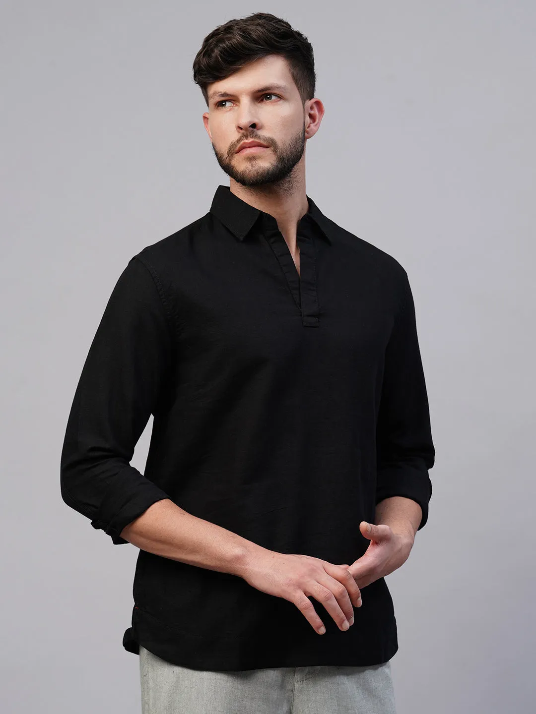 Men's Black 100% Linen Regular Fit Kurta Shirt