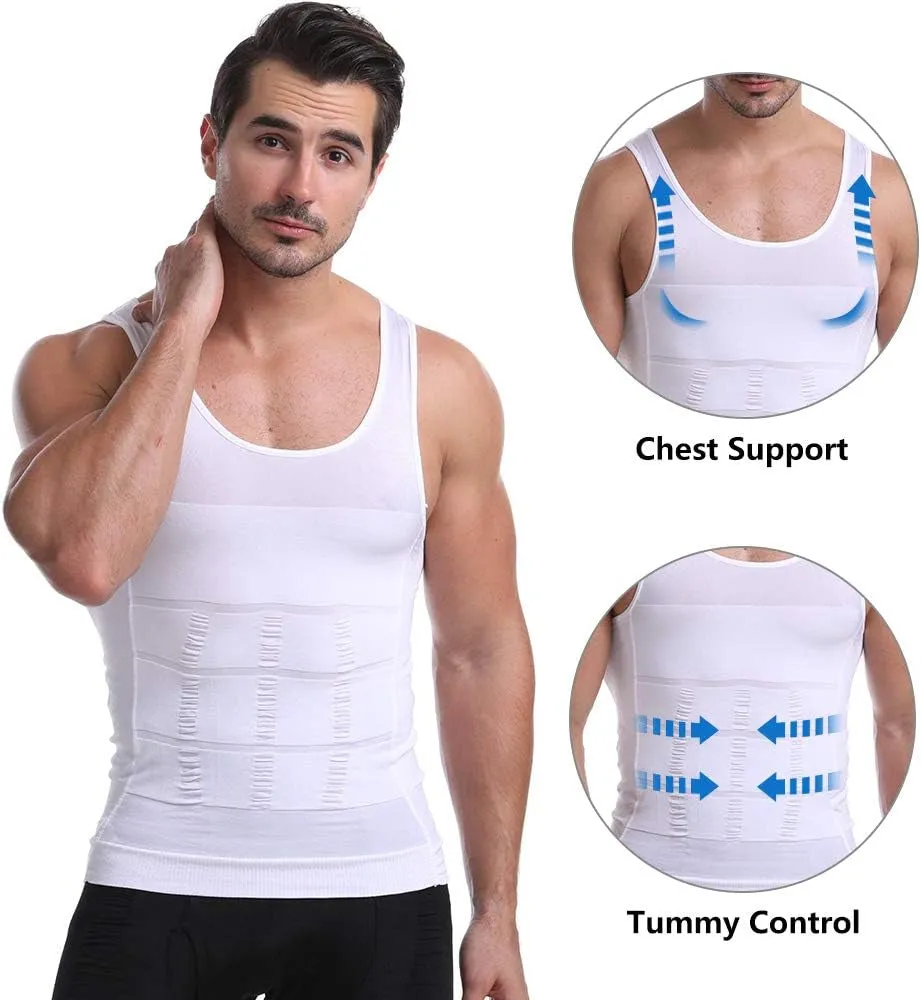 Men'S Body Shaper Slimming Shirt Tummy Vest Thermal Compression Muscle Tank Top Base Layer Slim Shapewear (White, XXL)