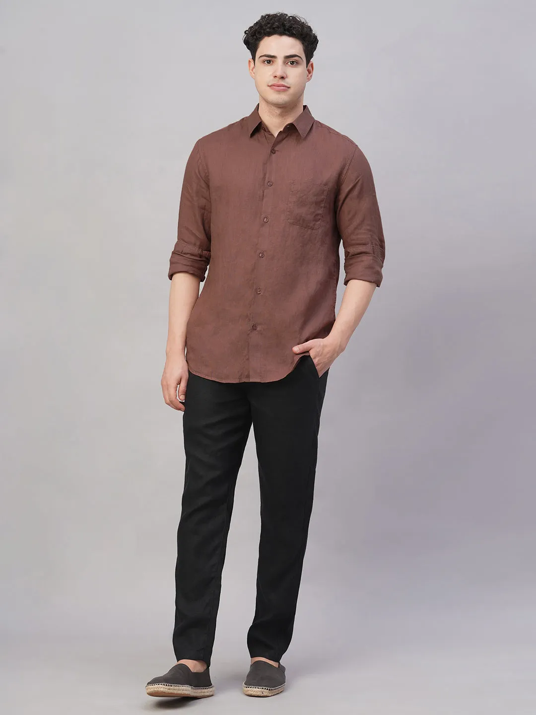 Men's Brown 100% Linen Regular Fit Shirt