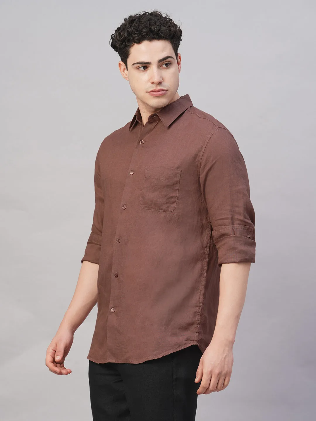 Men's Brown 100% Linen Regular Fit Shirt