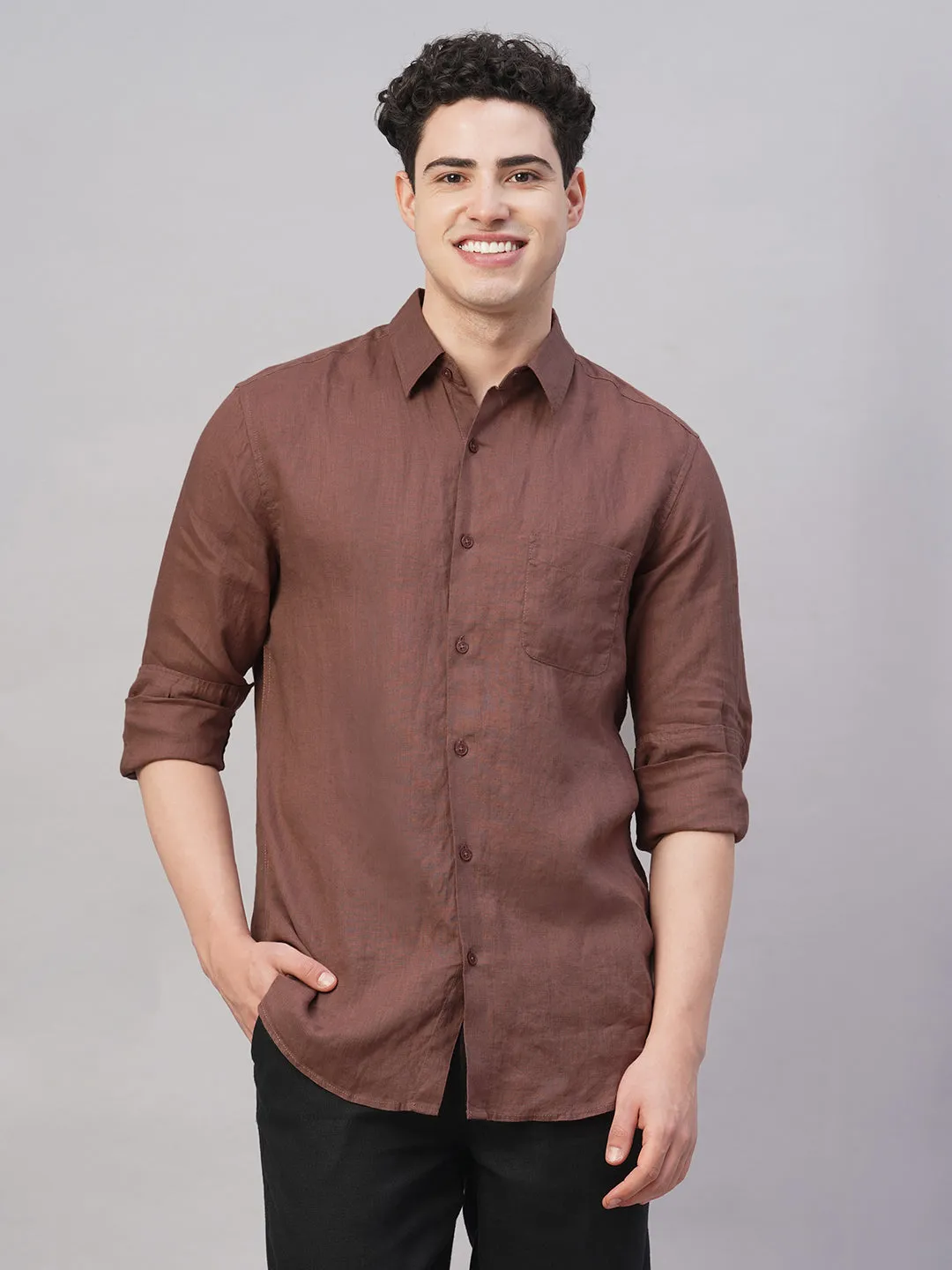 Men's Brown 100% Linen Regular Fit Shirt
