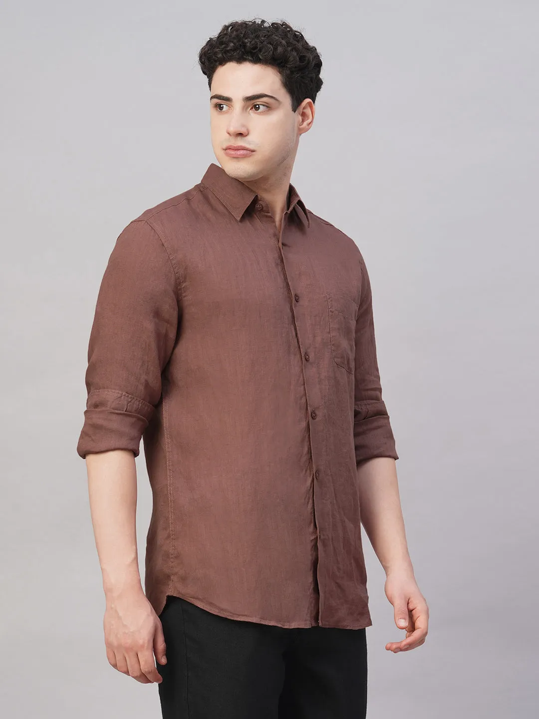 Men's Brown 100% Linen Regular Fit Shirt