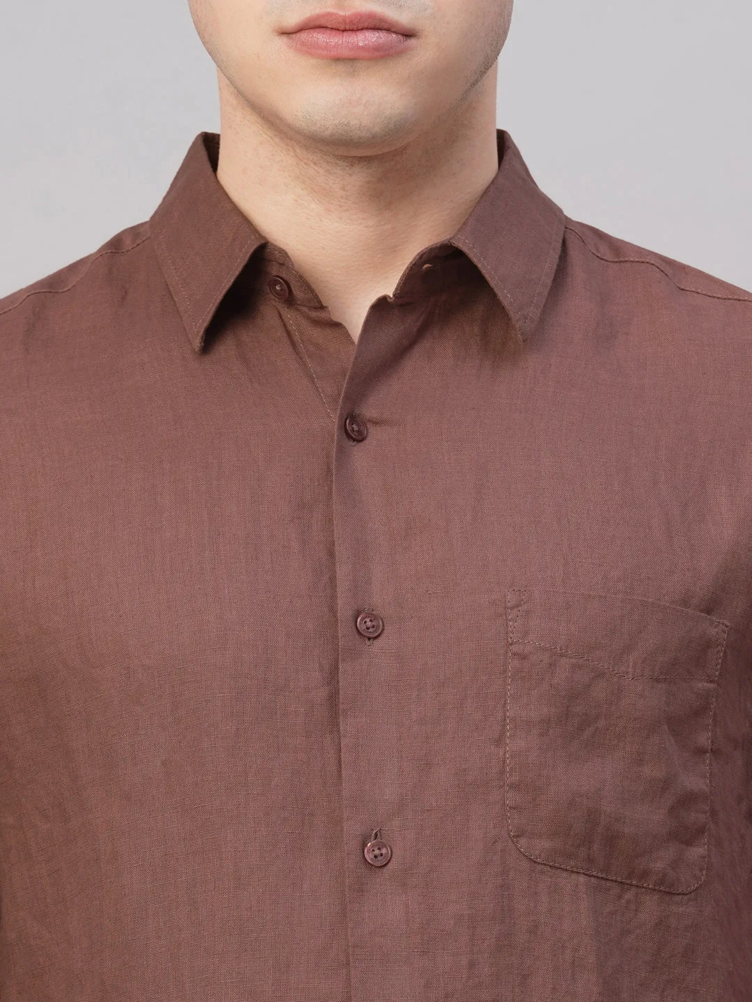Men's Brown 100% Linen Regular Fit Shirt