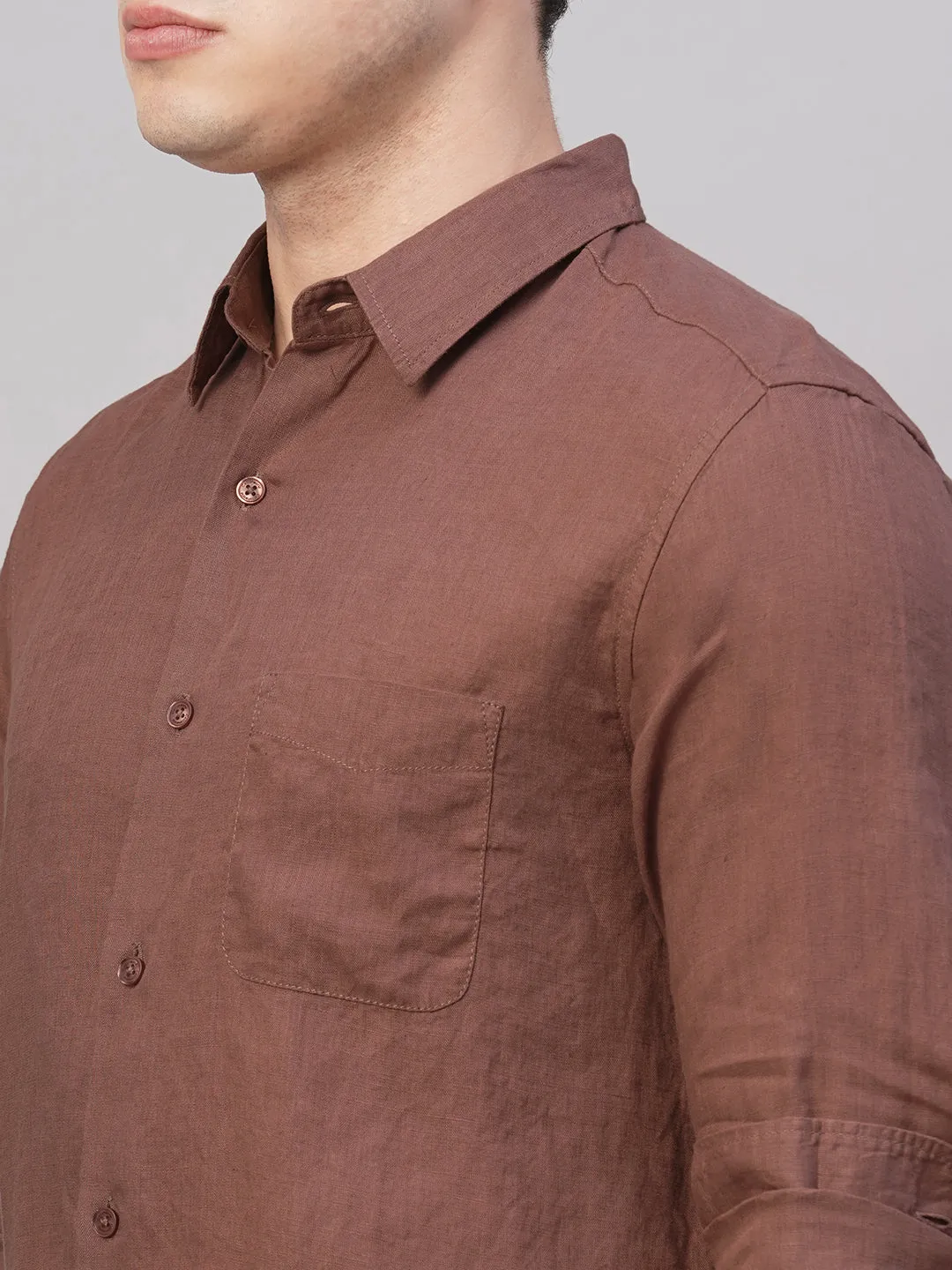 Men's Brown 100% Linen Regular Fit Shirt