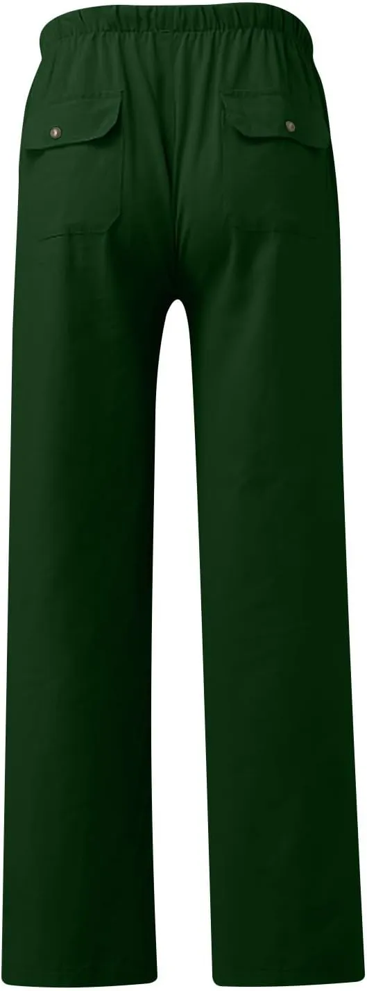 Mens Casual Linen Pants Drawstring Elastic Waist Summer Beach Pants Yoga Workout Trousers with Pockets