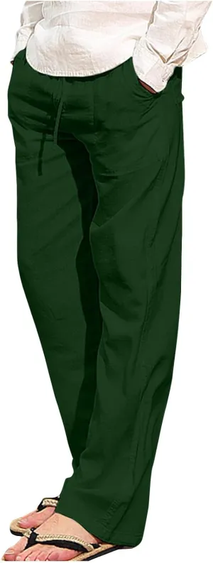 Mens Casual Linen Pants Drawstring Elastic Waist Summer Beach Pants Yoga Workout Trousers with Pockets