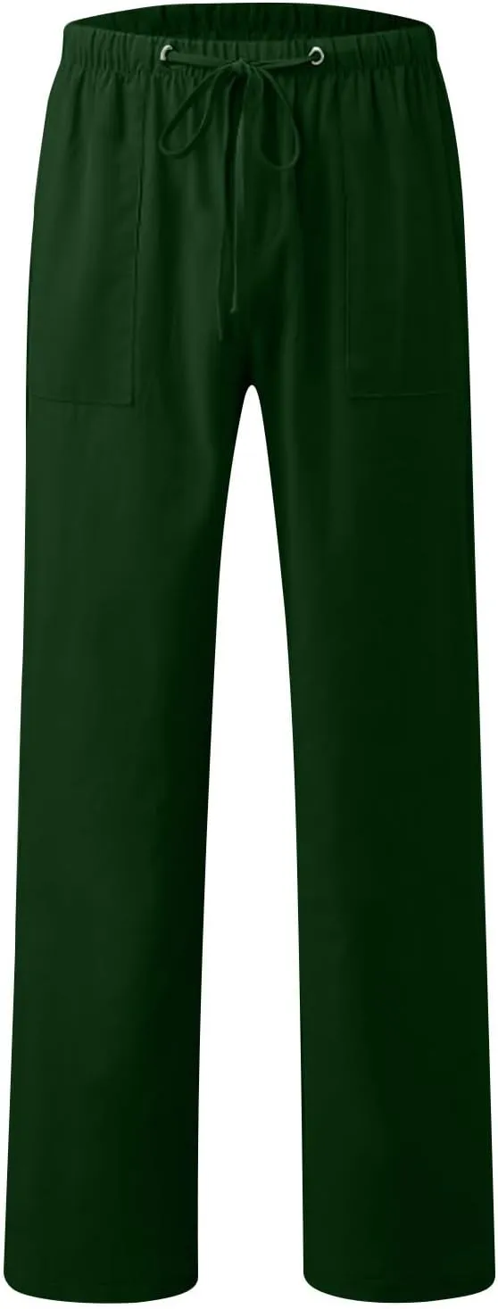 Mens Casual Linen Pants Drawstring Elastic Waist Summer Beach Pants Yoga Workout Trousers with Pockets
