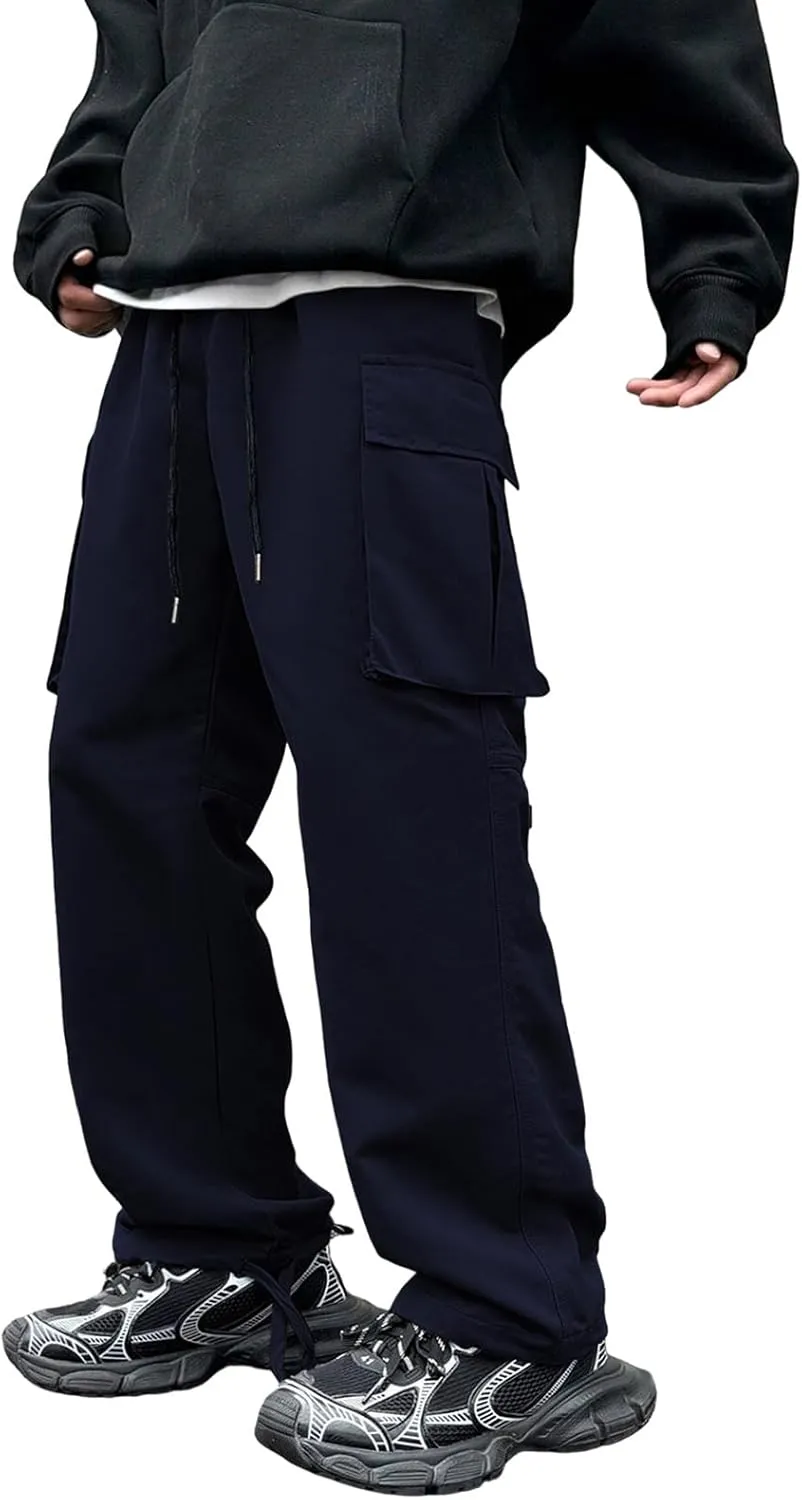 Men's Casual Work Pants with Drape Straight-Leg Wide-Leg Loose Fit Multi-Pocket Pants
