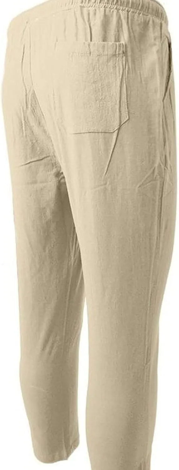 Mens Chino Linen Cotton Jogger Pants Casual Drawstring Loose Summer Yoga Beach Sweatpants Big and Tall Lounge Pants
