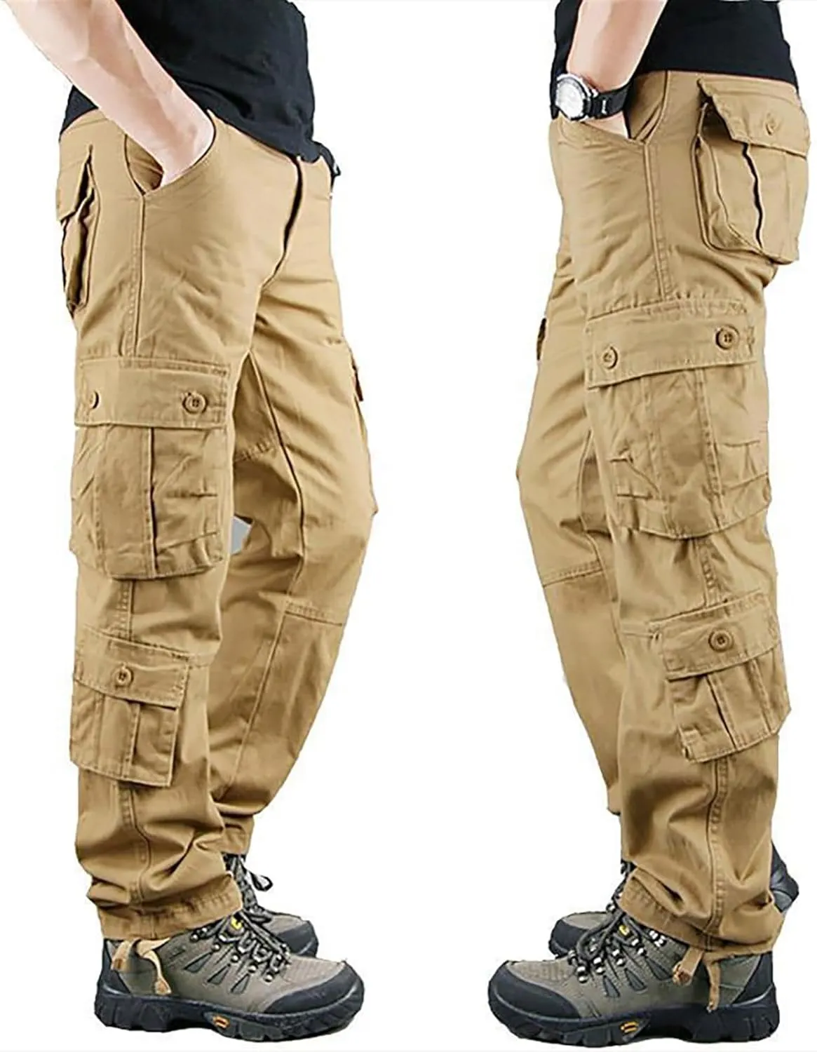 Men's Cotton Casual Pant Mens Casual Waist Color Sports Hat Multi Woven Pocket Foot Rope Solid Pants Outdoor Apparel