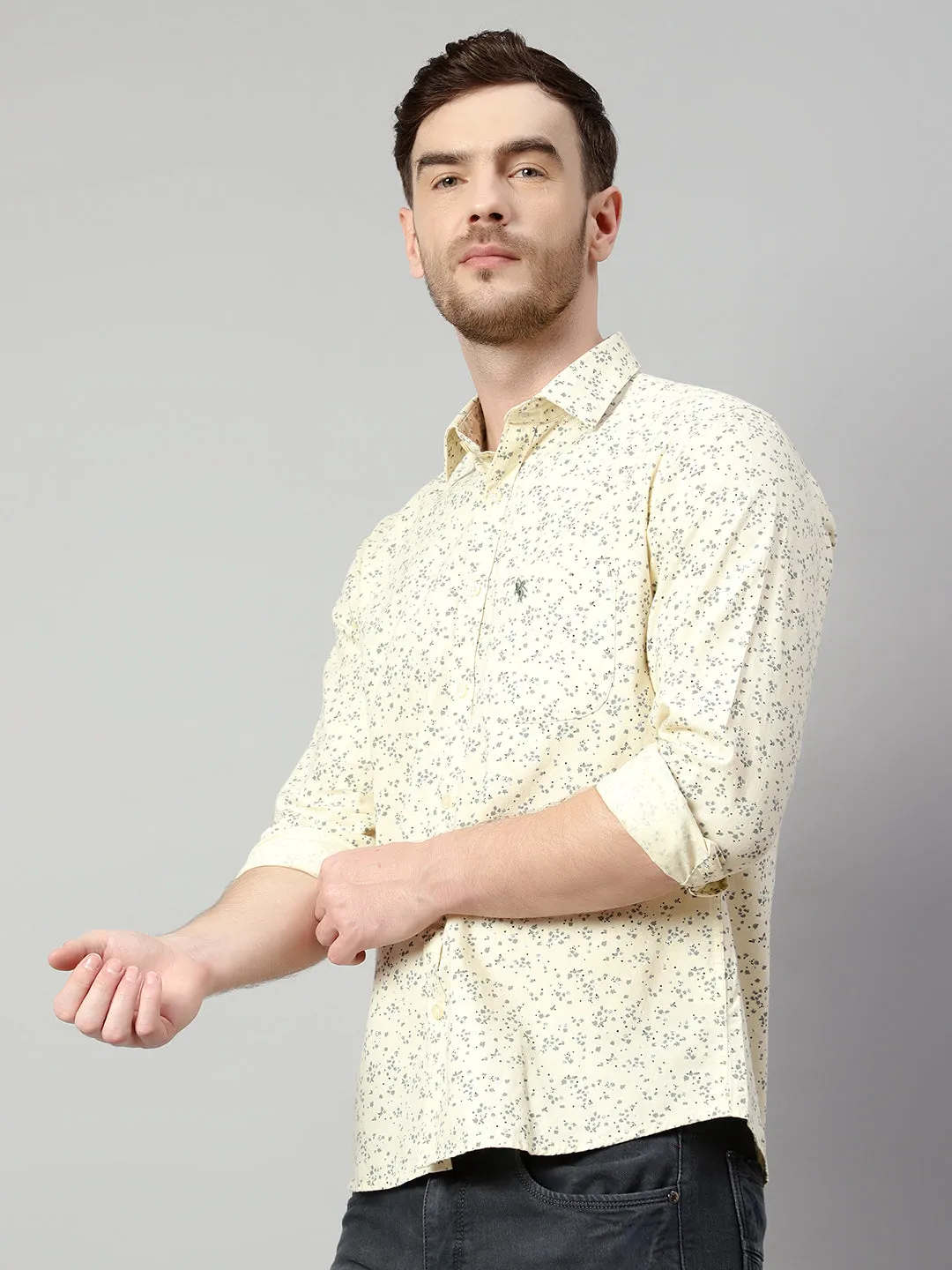 Men's Ecru Casual Floral Print Full Sleeve Shirt