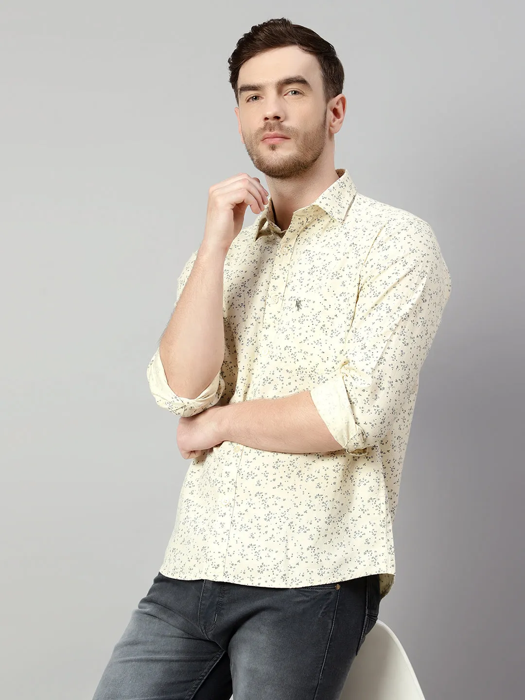 Men's Ecru Casual Floral Print Full Sleeve Shirt