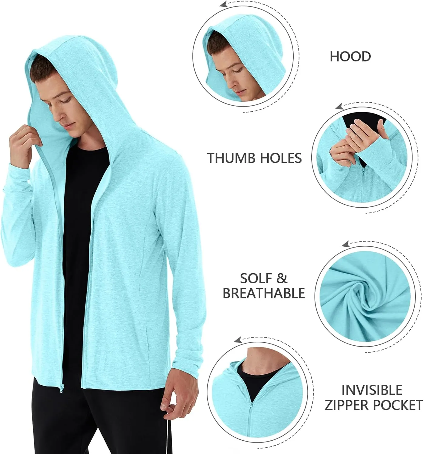 Men's Full Zip Workout Athletic Jackets Lightweight Running Jacket Breathable Hooded Jacket with Thumb Holes
