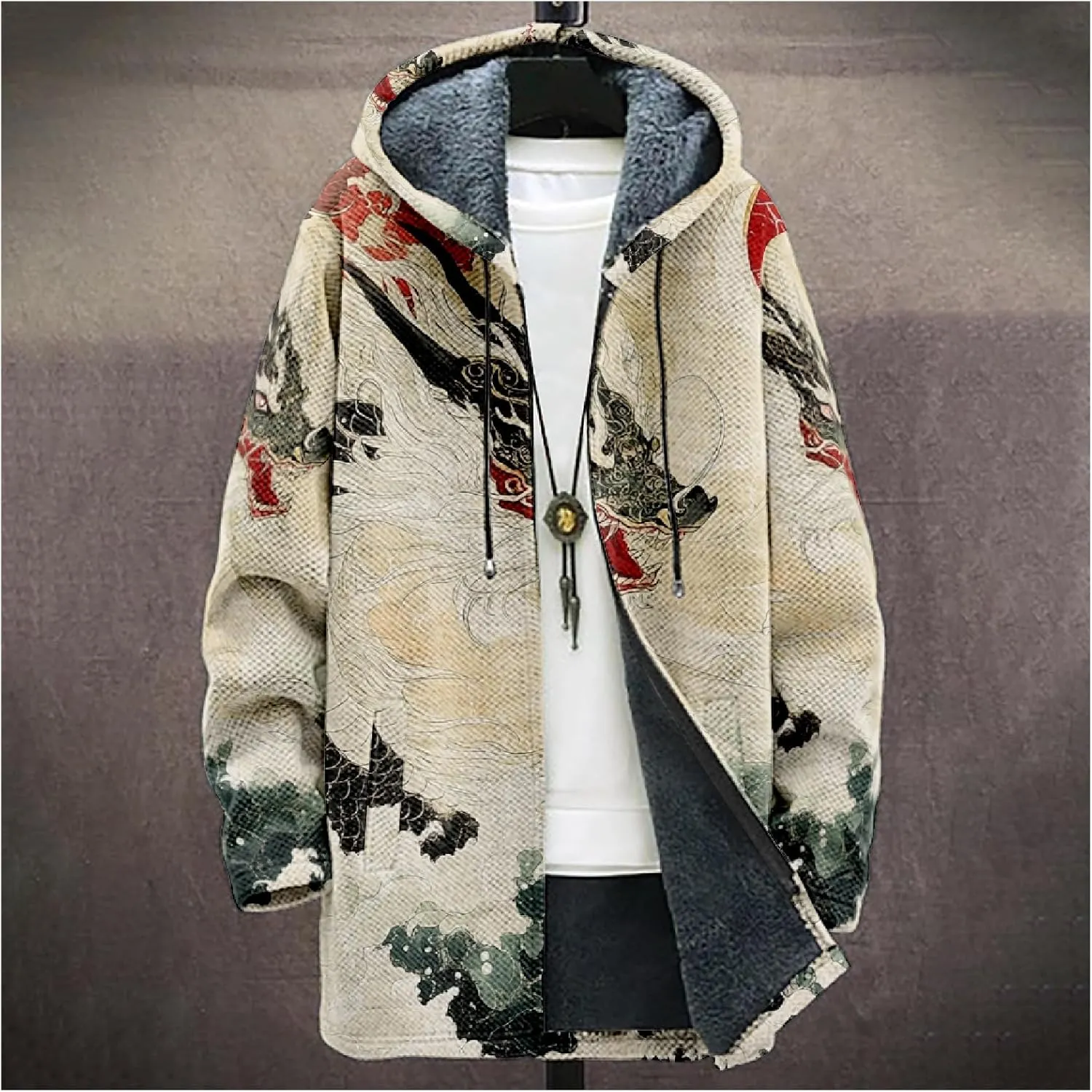 Mens Hooded Cardigan Sweater Japanese Art Zip Up Vintage Long Sleeve Casual Hoodie Dragon Print Coat with Pockets