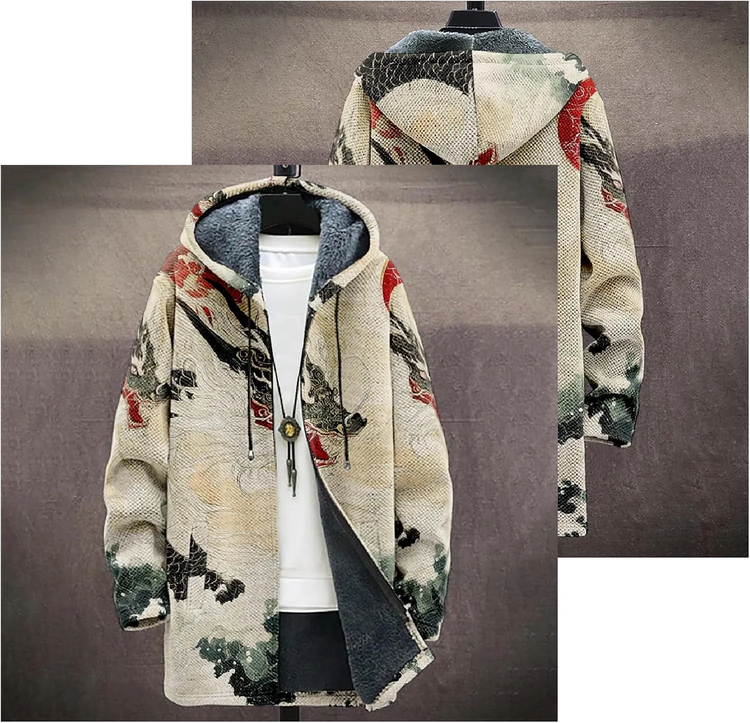Mens Hooded Cardigan Sweater Japanese Art Zip Up Vintage Long Sleeve Casual Hoodie Dragon Print Coat with Pockets