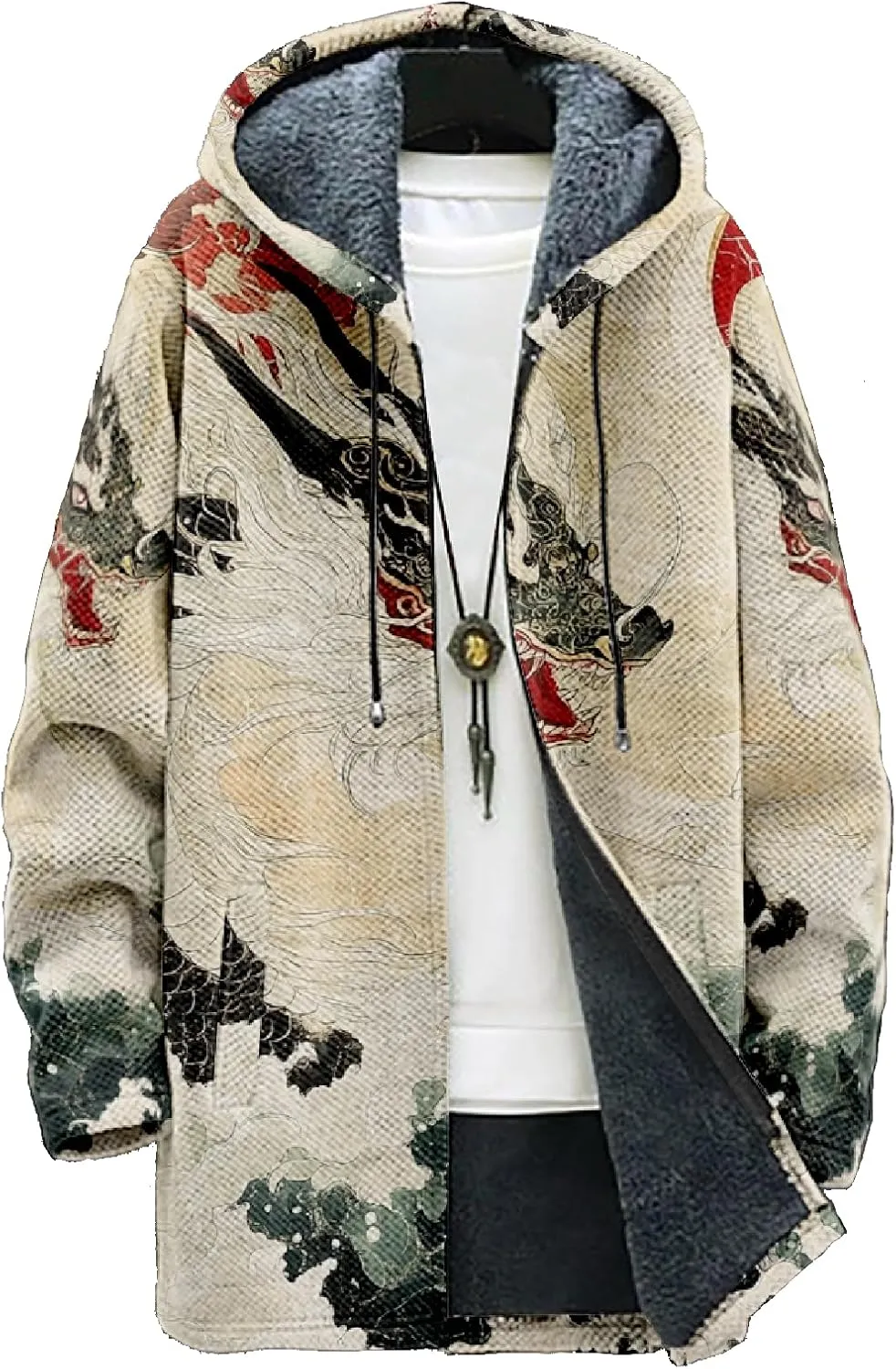 Mens Hooded Cardigan Sweater Japanese Art Zip Up Vintage Long Sleeve Casual Hoodie Dragon Print Coat with Pockets