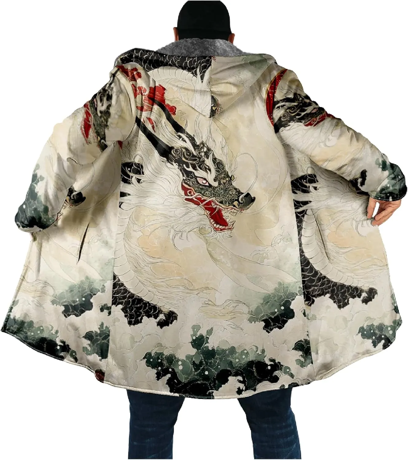Mens Hooded Cardigan Sweater Japanese Art Zip Up Vintage Long Sleeve Casual Hoodie Dragon Print Coat with Pockets
