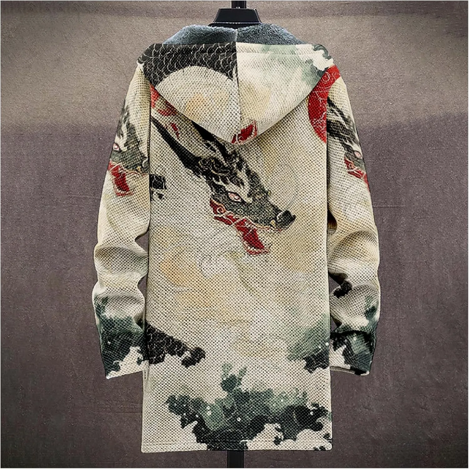 Mens Hooded Cardigan Sweater Japanese Art Zip Up Vintage Long Sleeve Casual Hoodie Dragon Print Coat with Pockets