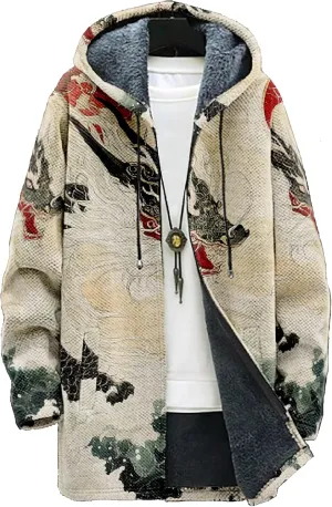 Mens Hooded Cardigan Sweater Japanese Art Zip Up Vintage Long Sleeve Casual Hoodie Dragon Print Coat with Pockets