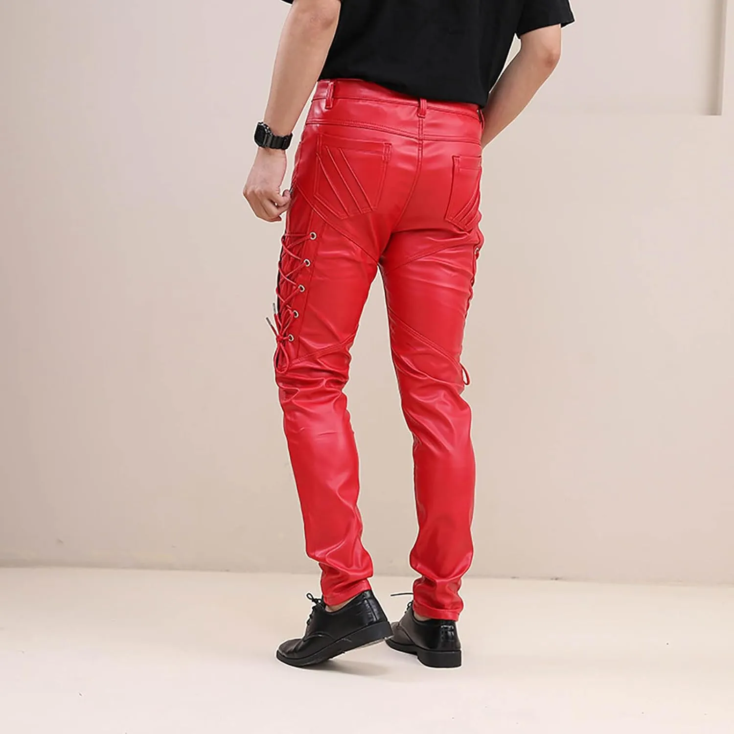 Men's Lace Up Leather Pants Motorcycle Biker Steampunk Goth Punk Pants Slim Fit Leather Jeans Hip Hop Streetwear