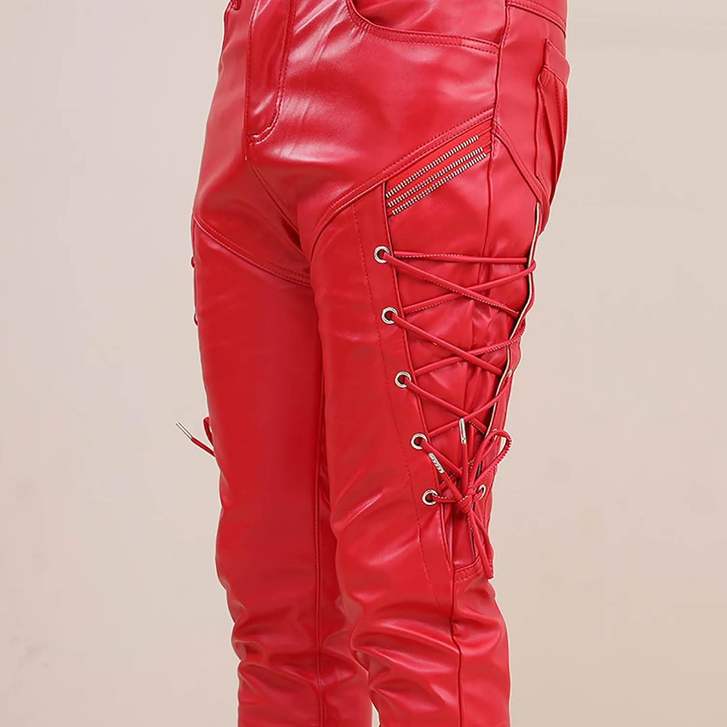 Men's Lace Up Leather Pants Motorcycle Biker Steampunk Goth Punk Pants Slim Fit Leather Jeans Hip Hop Streetwear