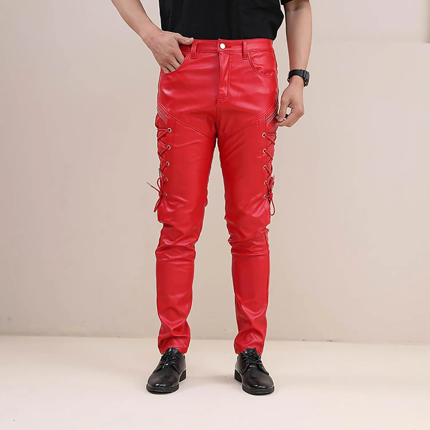 Men's Lace Up Leather Pants Motorcycle Biker Steampunk Goth Punk Pants Slim Fit Leather Jeans Hip Hop Streetwear