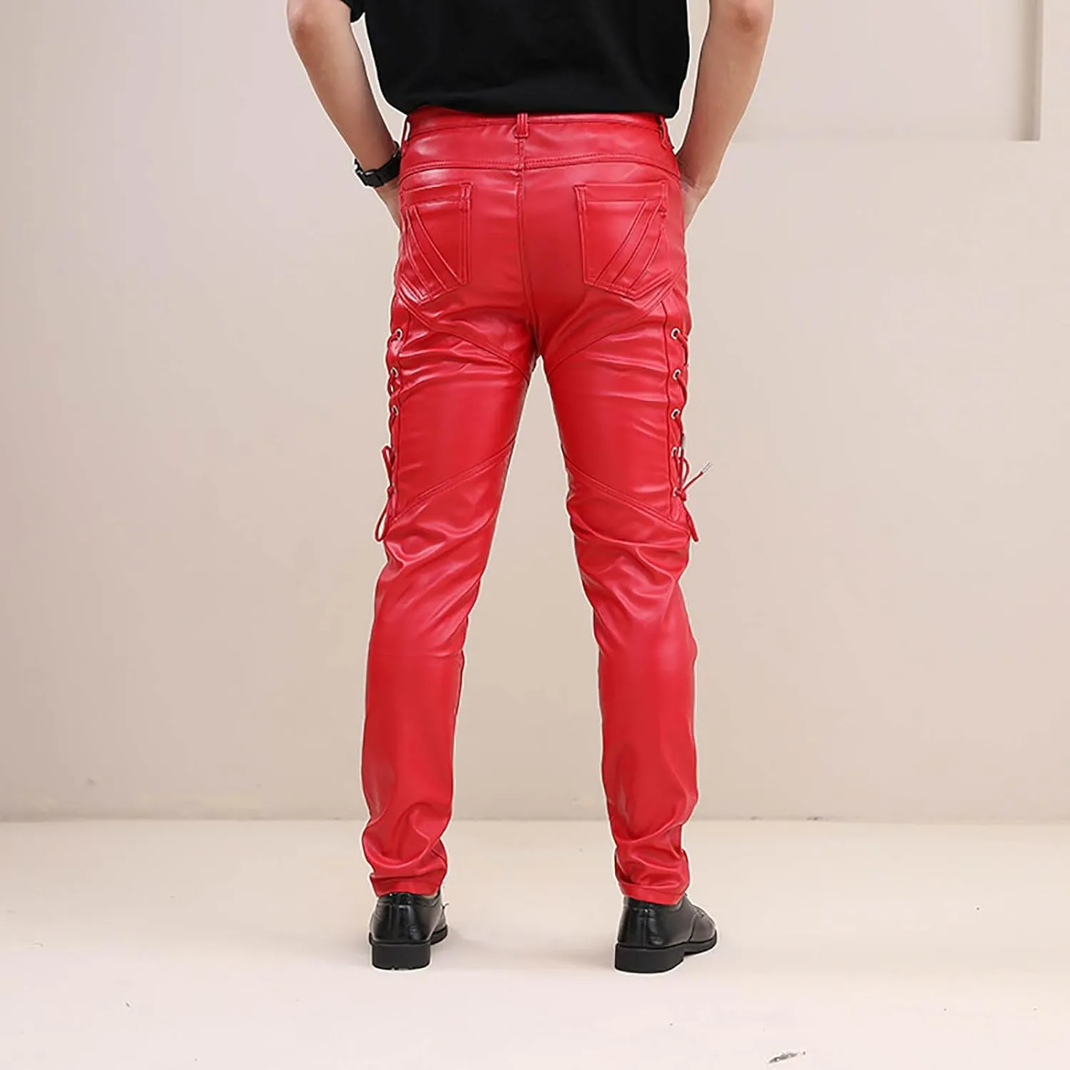 Men's Lace Up Leather Pants Motorcycle Biker Steampunk Goth Punk Pants Slim Fit Leather Jeans Hip Hop Streetwear