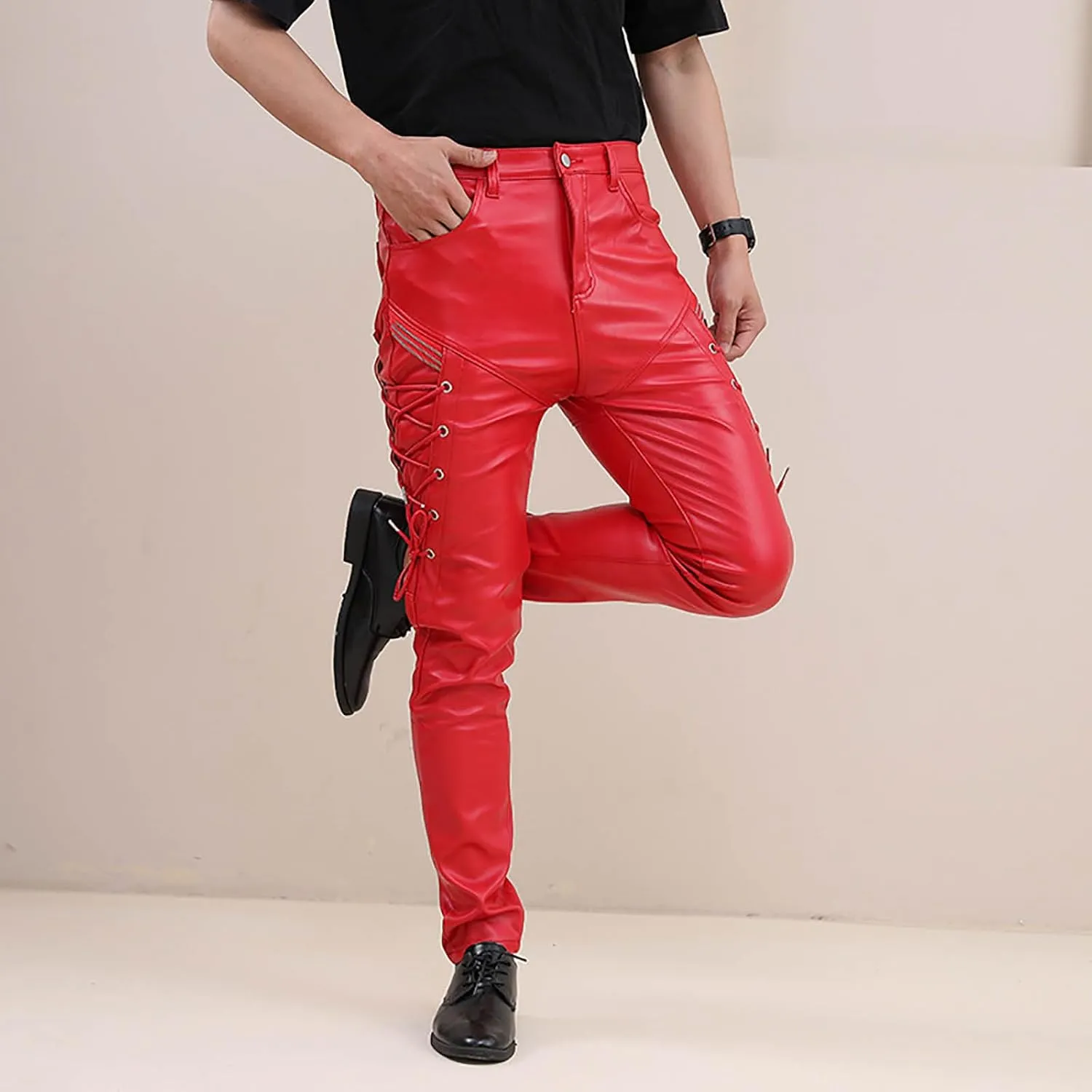 Men's Lace Up Leather Pants Motorcycle Biker Steampunk Goth Punk Pants Slim Fit Leather Jeans Hip Hop Streetwear