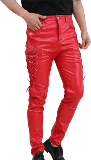 Men's Lace Up Leather Pants Motorcycle Biker Steampunk Goth Punk Pants Slim Fit Leather Jeans Hip Hop Streetwear