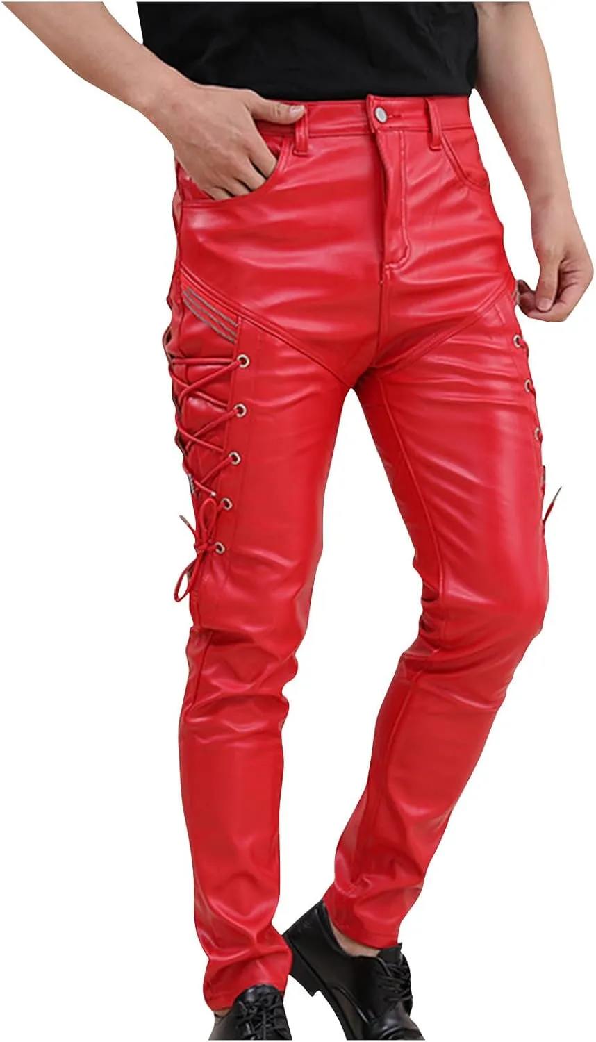 Men's Lace Up Leather Pants Motorcycle Biker Steampunk Goth Punk Pants Slim Fit Leather Jeans Hip Hop Streetwear