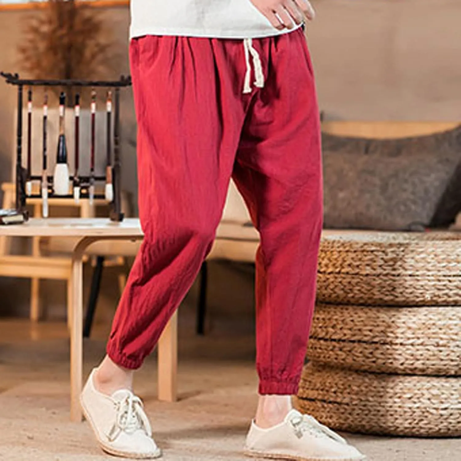 Men's Linen Jogger Pants Casual Drawstring Summer Beach Pants Elastic Waist Yoga Trousers with Pockets