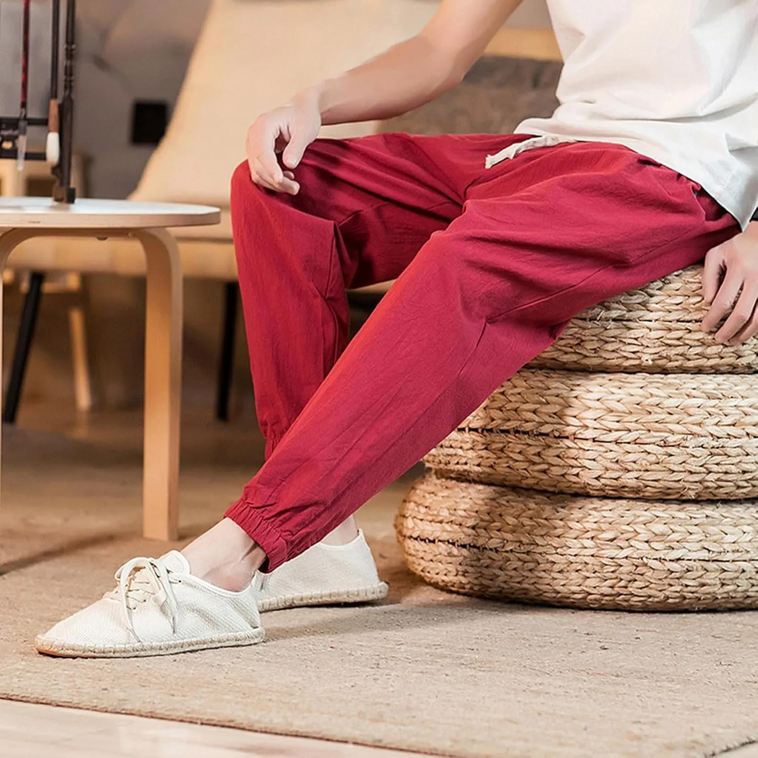 Men's Linen Jogger Pants Casual Drawstring Summer Beach Pants Elastic Waist Yoga Trousers with Pockets
