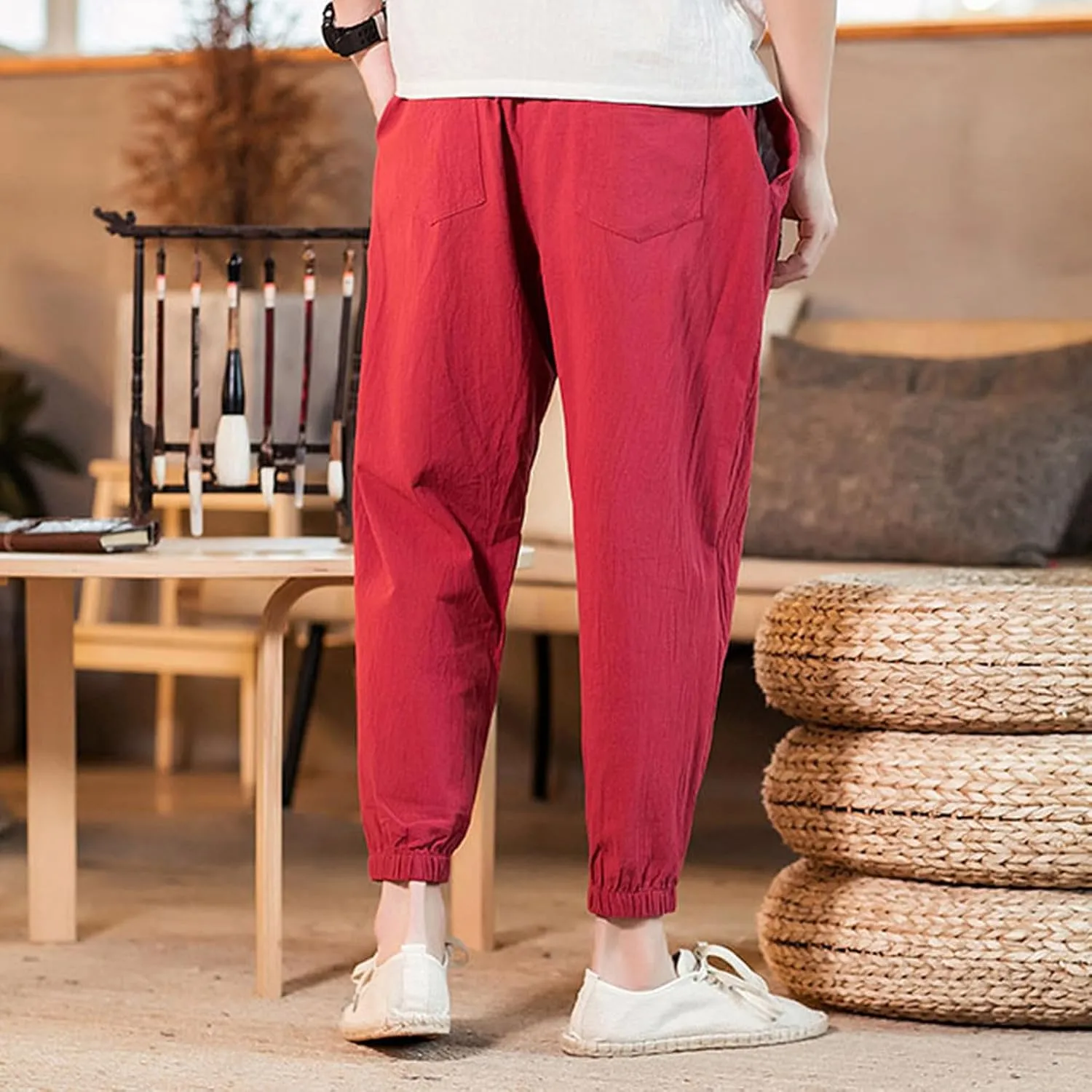 Men's Linen Jogger Pants Casual Drawstring Summer Beach Pants Elastic Waist Yoga Trousers with Pockets