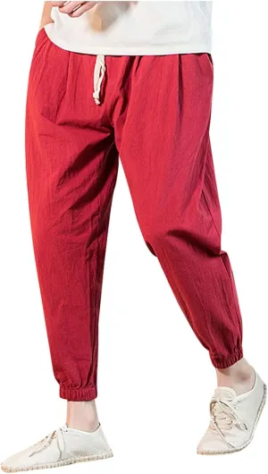 Men's Linen Jogger Pants Casual Drawstring Summer Beach Pants Elastic Waist Yoga Trousers with Pockets