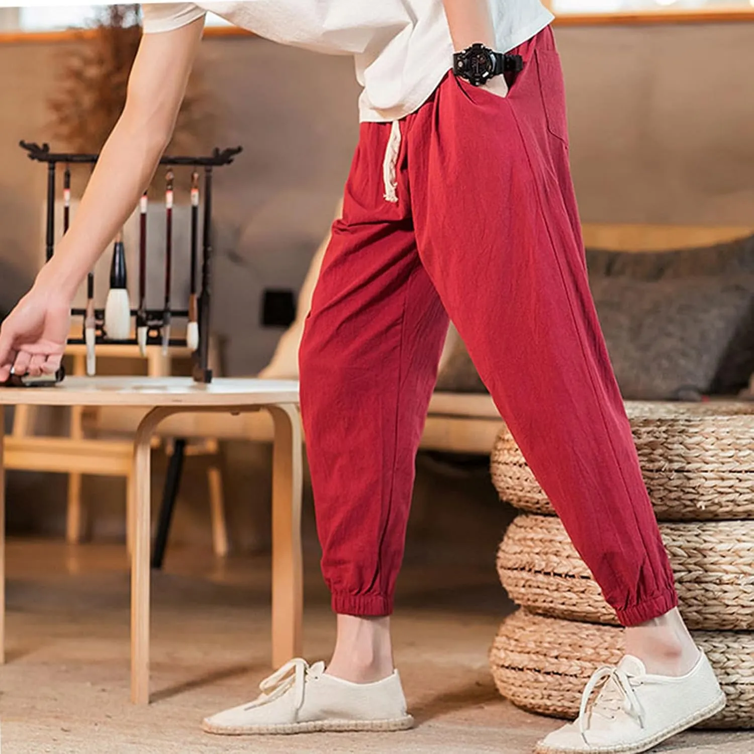 Men's Linen Jogger Pants Casual Drawstring Summer Beach Pants Elastic Waist Yoga Trousers with Pockets