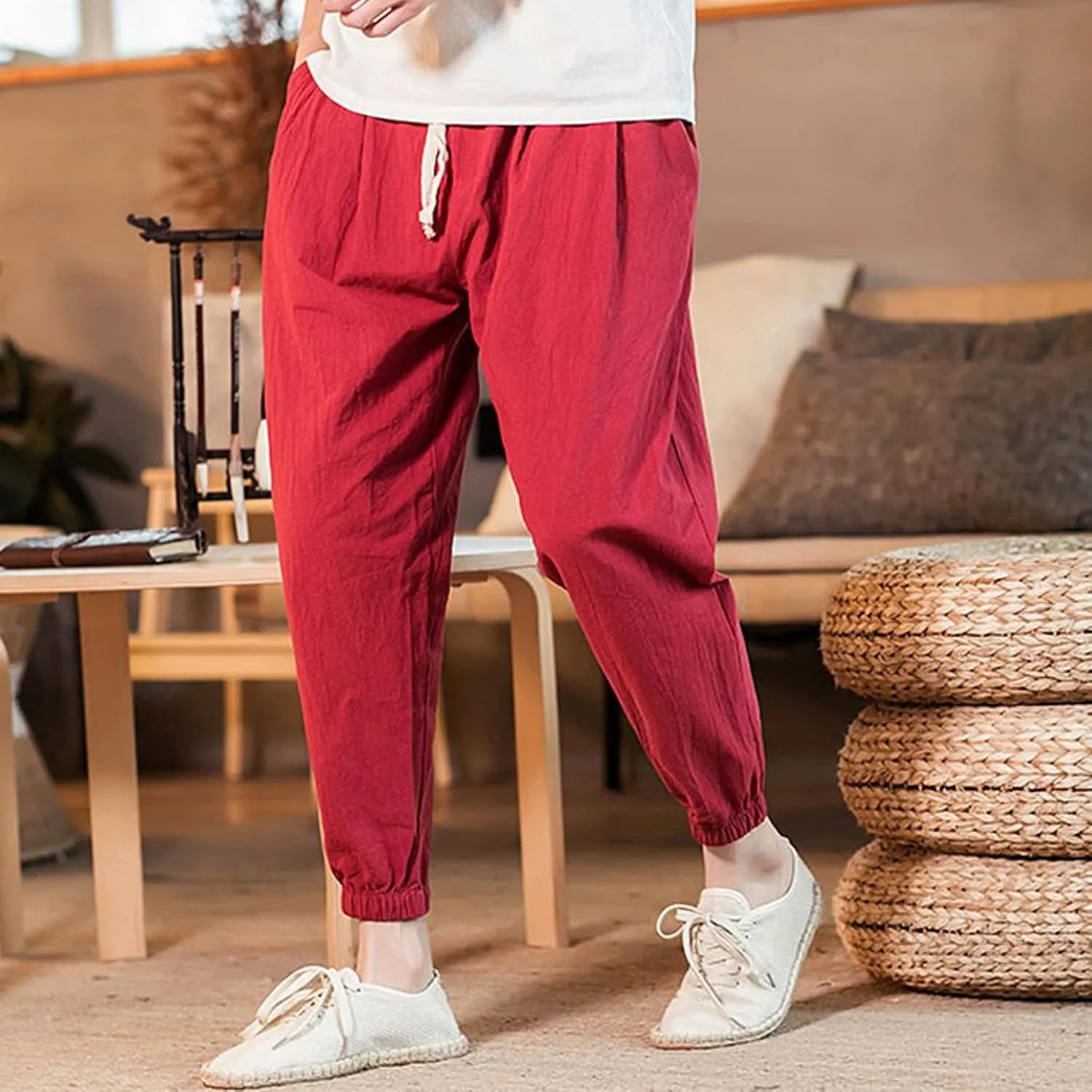 Men's Linen Jogger Pants Casual Drawstring Summer Beach Pants Elastic Waist Yoga Trousers with Pockets