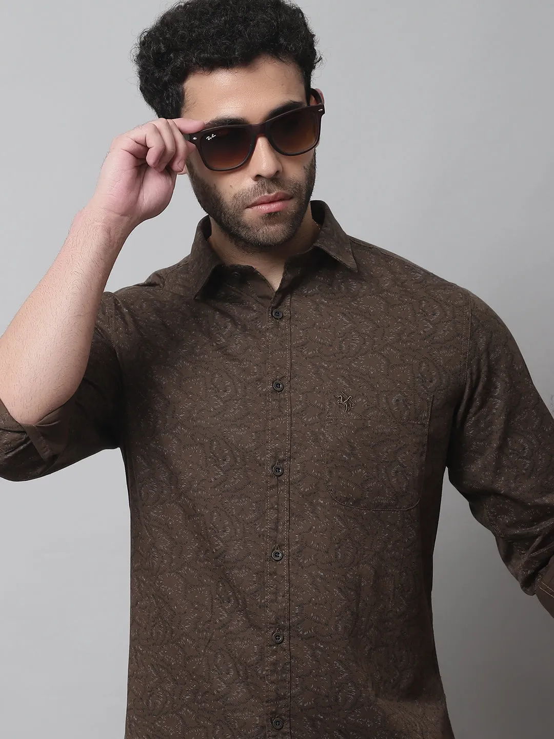Men's Olive Green Casual Ditsy Print Full Sleeve Shirt