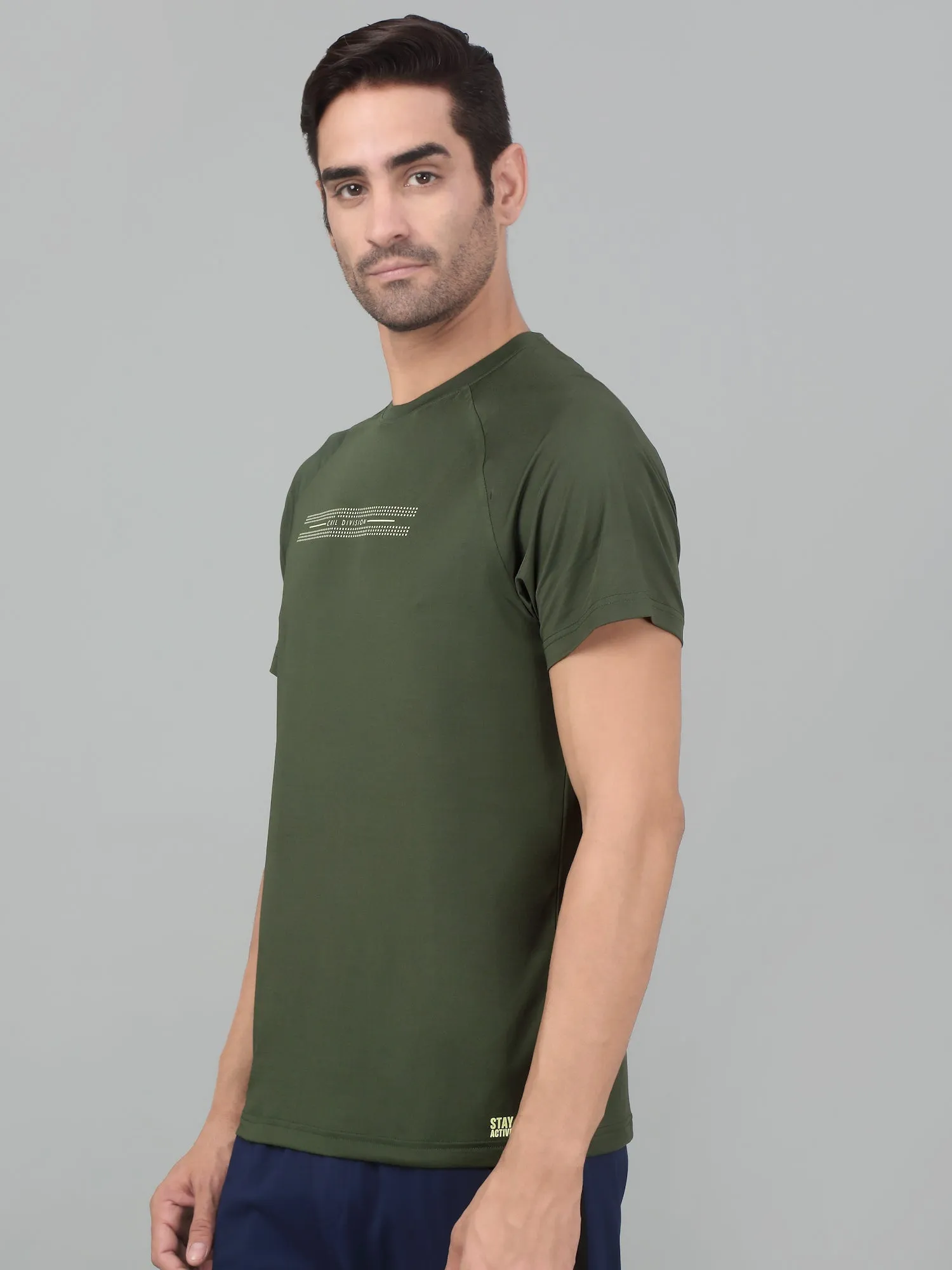Men's Olive Green Round neck Raglan Half Sleeve T-Shirt with Graphic Print
