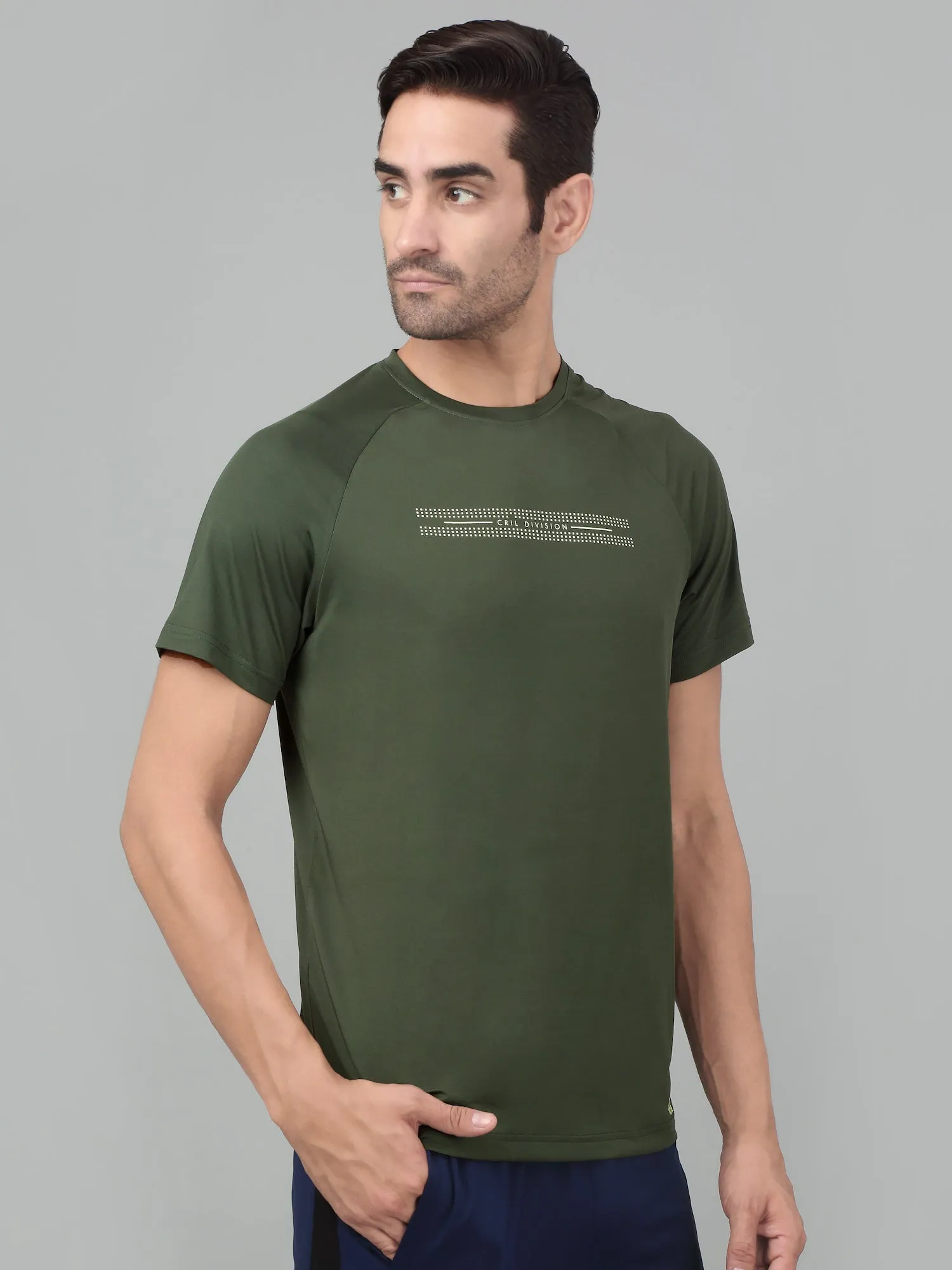 Men's Olive Green Round neck Raglan Half Sleeve T-Shirt with Graphic Print