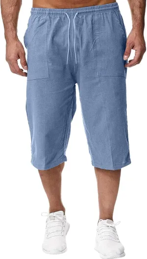 Mens Pants Stretch Capri Pants Solid Color Lightweight Baggy Drawstring Elastic Waist Beach Slim Fit Casual Pant