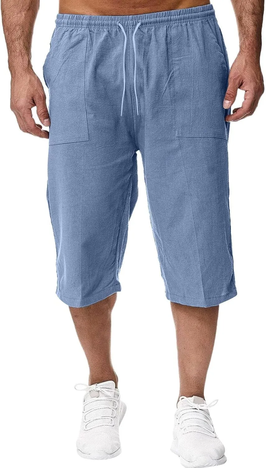 Mens Pants Stretch Capri Pants Solid Color Lightweight Baggy Drawstring Elastic Waist Beach Slim Fit Casual Pant