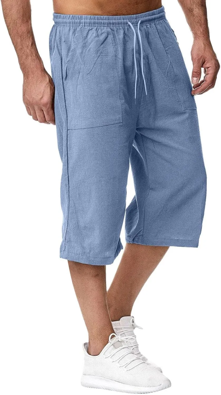 Mens Pants Stretch Capri Pants Solid Color Lightweight Baggy Drawstring Elastic Waist Beach Slim Fit Casual Pant