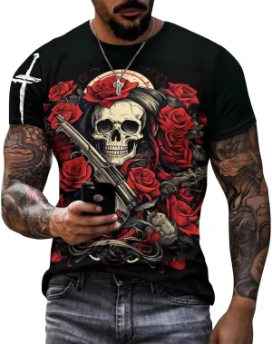 Mens Skull T-Shirts Slim Fit Qucik Dry Short Sleeve 3D Skull Graphic Print Summer Streetwear Tees