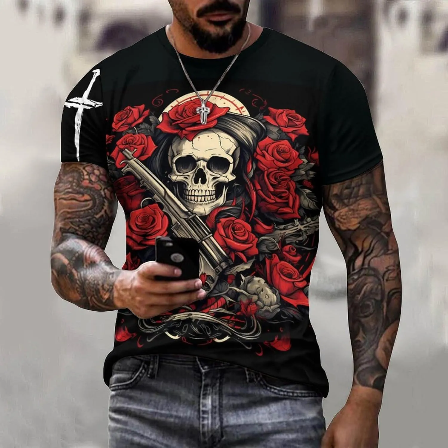 Mens Skull T-Shirts Slim Fit Qucik Dry Short Sleeve 3D Skull Graphic Print Summer Streetwear Tees