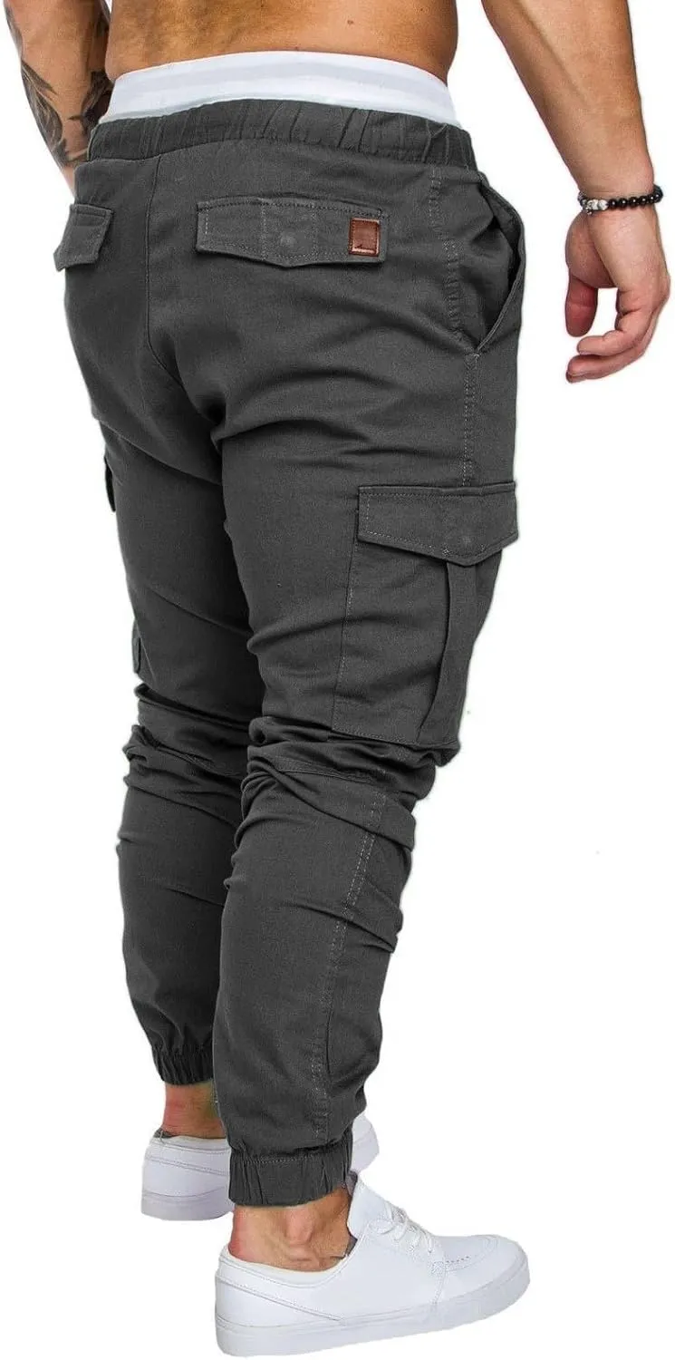 Men's Solid Color Drawstring Cargo Pants Casual Slim Fit Sports Pants Fashion Joggers Trousers with Pockets