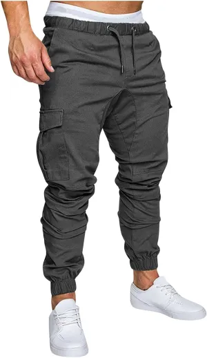 Men's Solid Color Drawstring Cargo Pants Casual Slim Fit Sports Pants Fashion Joggers Trousers with Pockets