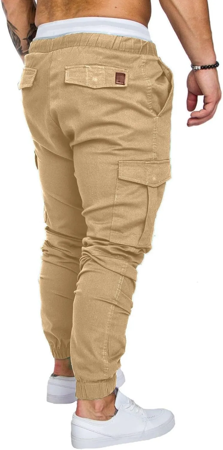 Men's Solid Color Drawstring Cargo Pants Casual Slim Fit Sports Pants Fashion Joggers Trousers with Pockets