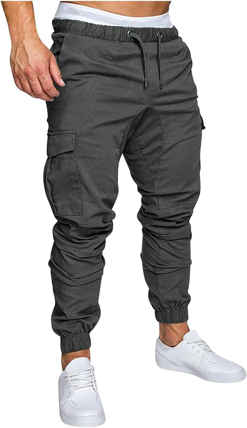 Men's Solid Color Drawstring Cargo Pants Casual Slim Fit Sports Pants Fashion Joggers Trousers with Pockets