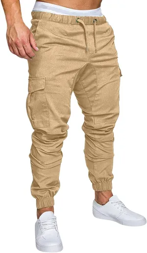 Men's Solid Color Drawstring Cargo Pants Casual Slim Fit Sports Pants Fashion Joggers Trousers with Pockets